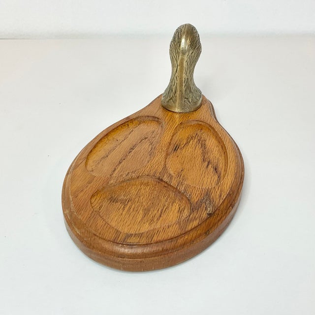 Brass 1970s Mid-Century Rustic Arts & Crafts Brass Duck & Oak Dresser Top Valet Caddy Catchall For Sale - Image 8 of 8