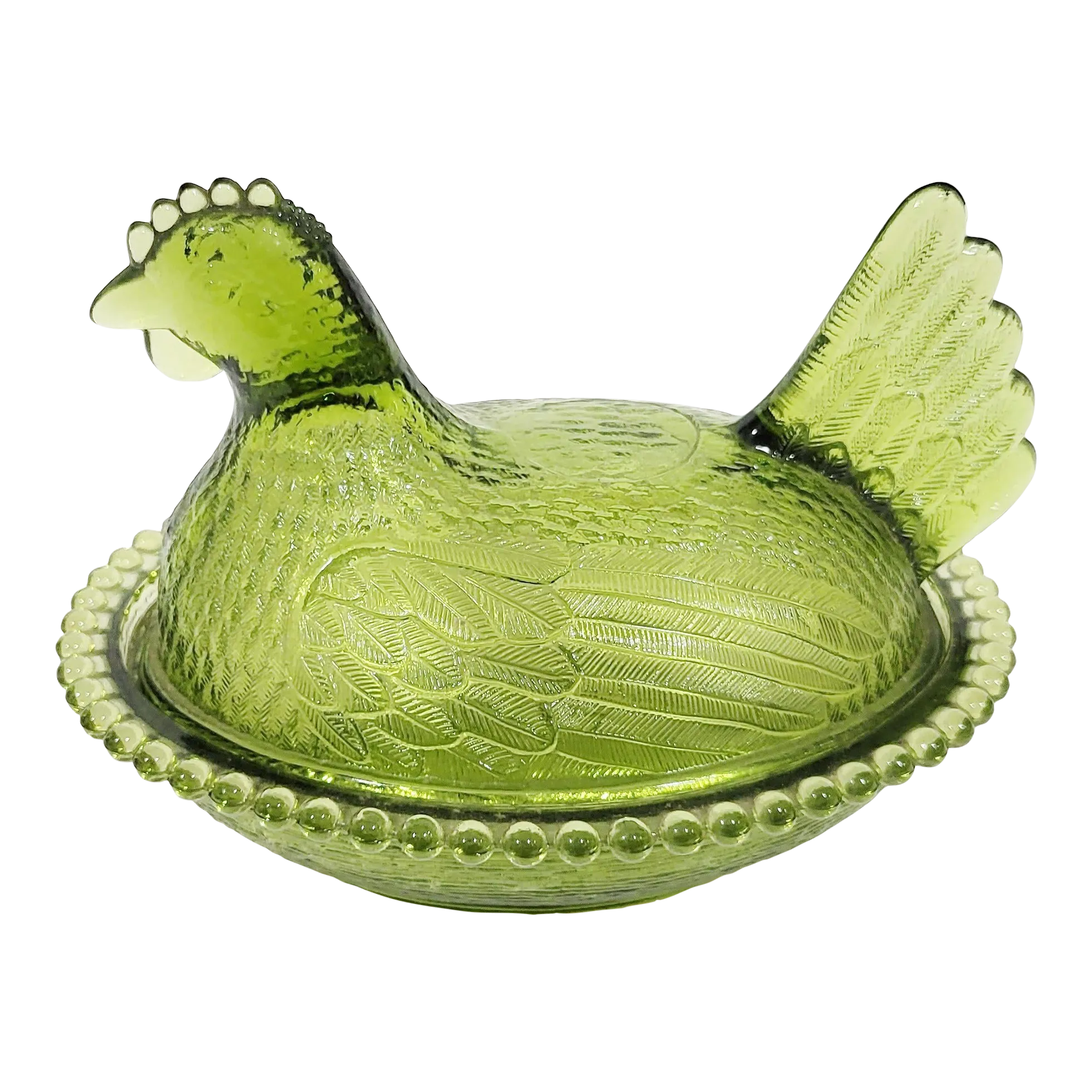 Large Vintage Mid-Century Green Glass Lidded Bowl Hen on Nest  display picture 1