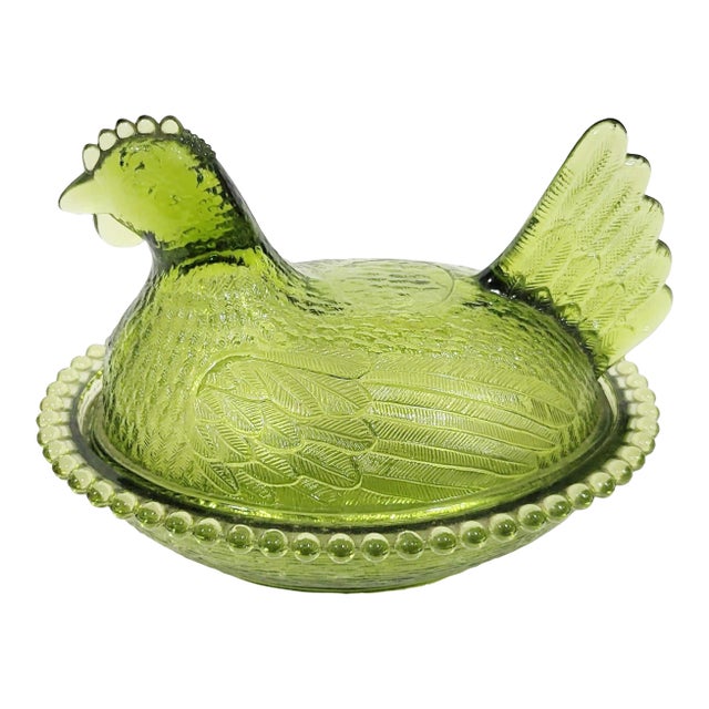 Large Vintage Mid-Century Green Glass Lidded Bowl Hen on Nest Serving Dish For Sale