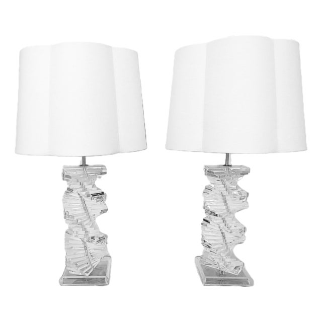 Pair of Karl Springer Style Lucite Table Lamps Spiral Staircase Helix For Sale