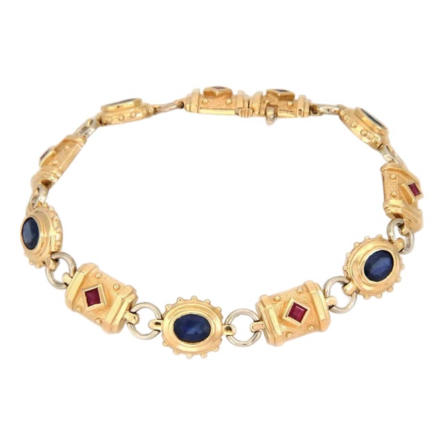 Sapphire & Ruby 14k Yellow Gold Bar Link Bracelet For Sale
