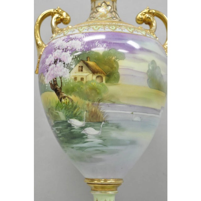 Early 20th Century Antique Nippon Hand Painted Cottage Lake Porcelain Twin Handle Bolted Urn Vase For Sale - Image 5 of 17