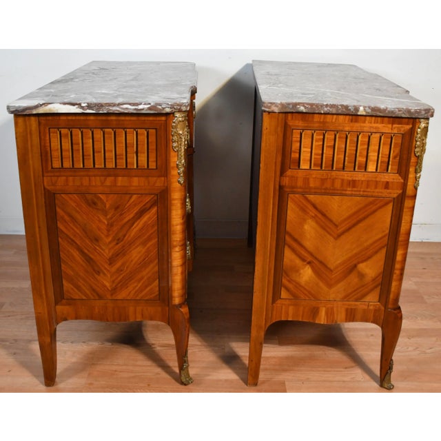 1880 French Louis XV Walnut Inlaid & Marble Top Pair Chest of Drawers / Commodes For Sale - Image 14 of 18