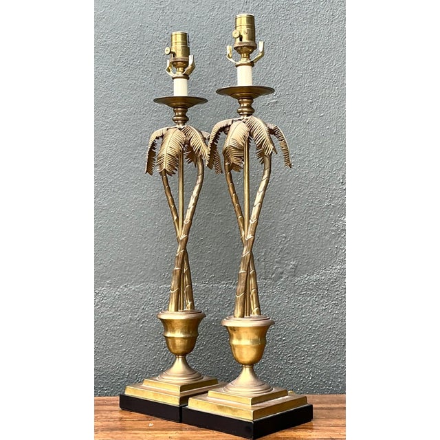 Vintage Palm Tree Brass Table Lamps - Pair For Sale - Image 4 of 10