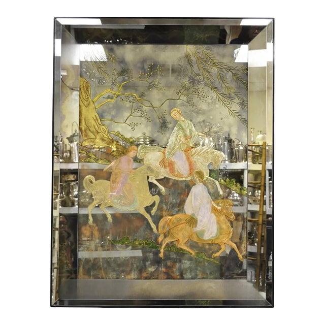 Vintage Chinoiserie Orientalist Verre Eglomise Smoked Glass Figural Wall Mirror For Sale