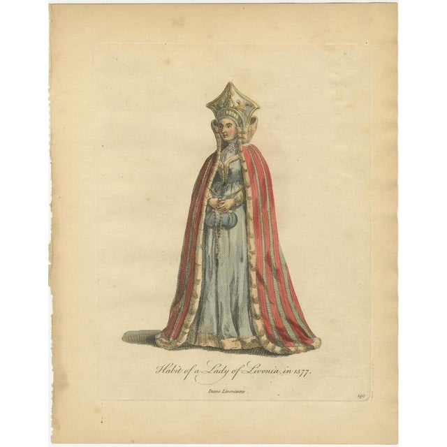 Jefferys, Habit of a Lady of Livonia in 1577, Hand Colored Jefferys Costume Plate, 1757, Engraving For Sale - Image 3 of 8
