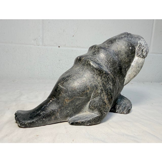 Figurative Big Antique Hand Carved Soapstone Canadian Eskimo Walrus Sculpture Inuit Statue For Sale - Image 3 of 13