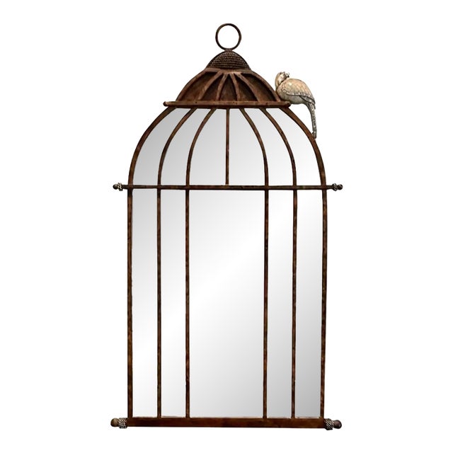 Vintage Iron Bird Cage Parrot Antique Brown Heavy wall.mirror by Horchow For Sale