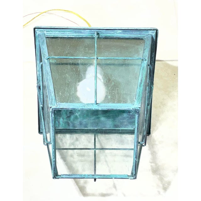 Vintage-Style Hand-Painted Verdigris Metal Hanging Pendant Lantern - 19”x10x10 For Sale - Image 9 of 11