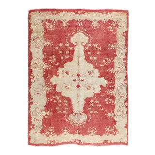 Decorative Vintage Oushak Carpet – Red Field, Cream Border, Traditional Anatolian Design -7' 4'' 9' 5'' For Sale