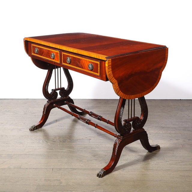 Edwardian Mahogany Writing Desk W/ Inlaid Exotic Wood Detailing & Bronze Pulls For Sale - Image 11 of 18