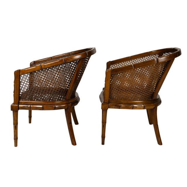 Pair Vintage Faux Bamboo Cane Barrel Chairs Hollywood Regency For Sale - Image 14 of 18