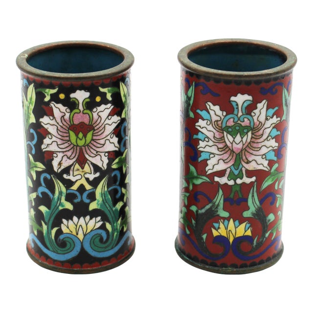 Circa 1880s Pair of Chinese Cloisonne Small Brush Pots For Sale