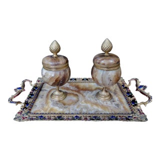 19th Century Champleve' Marble & Bronze Double Inkwell - Set of 3 For Sale
