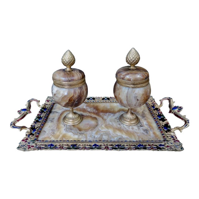 19th Century Champleve' Marble & Bronze Double Inkwell - Set of 3 For Sale