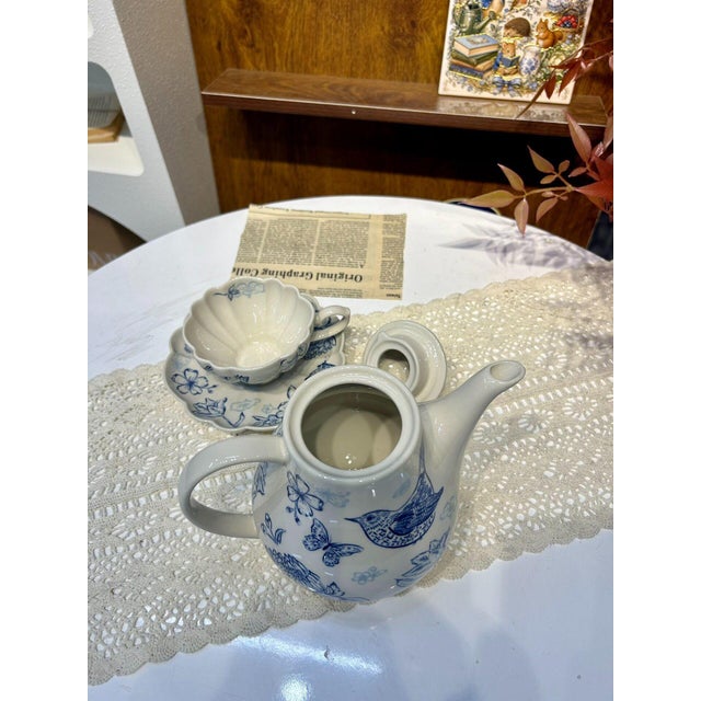 2020s Vintage Blue-and-White Ceramic Tea Set With Bird Motif - 3 pcs For Sale - Image 5 of 6