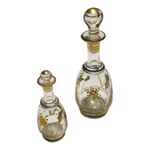 Antique Blown Glass Perfume Bottles With Enamel Painting One Large One Small With Stoppers