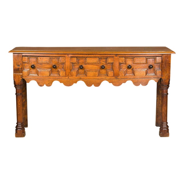 English Oak 19th Century Geometric Front Dresser Base with Three Drawers For Sale
