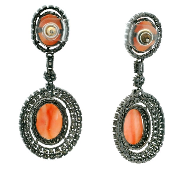 Metal Indian Coral and Diamond Drop Earrings in Oxidized Silver, Circa 1980, A Pair For Sale - Image 7 of 9
