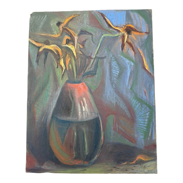 Vintage Ukrainian Chalk Pastel- Flowers in Vase For Sale