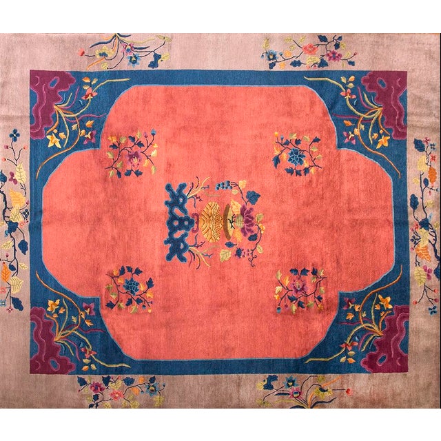 1920s Antique Rose Floral Rectangle Chinese Art Deco Carpet by Nichols Workshop For Sale In New York - Image 6 of 6