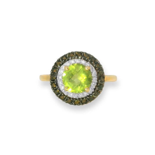 This stunning 14K Yellow Gold Peridot, Smokey Quartz, and Diamond Ring combines vibrant color with sparkling brilliance....