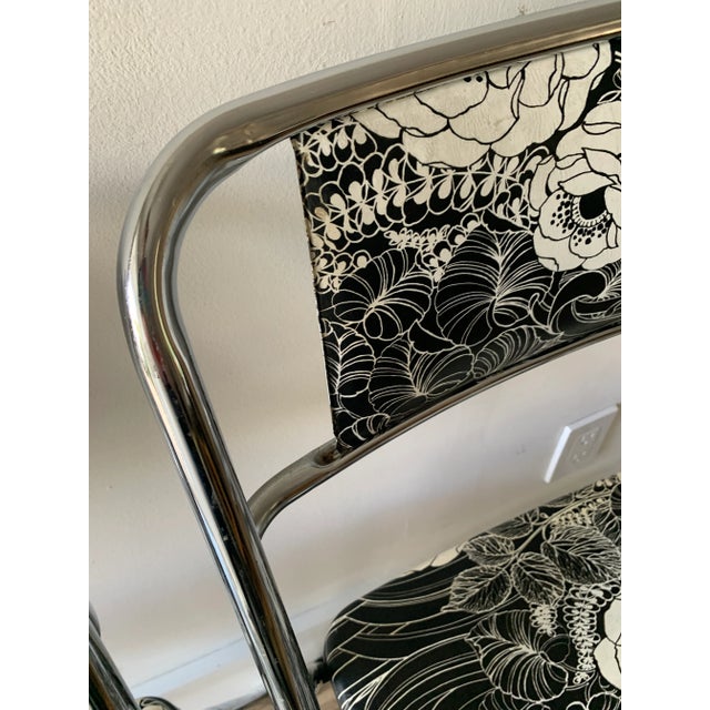 Vintage Cosco Folding Chairs Chrome With Black & White Flowers Set of