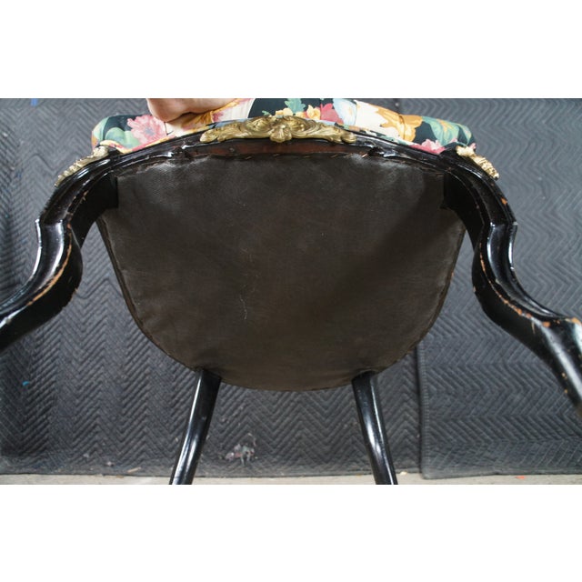 4 Antique French Louis XV Style Ebonized Dining Chairs Boussac Fabric Ormolu For Sale - Image 13 of 13