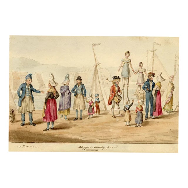 Figures on Dieppe Quayside, Sunday, 1820s, Watercolour For Sale