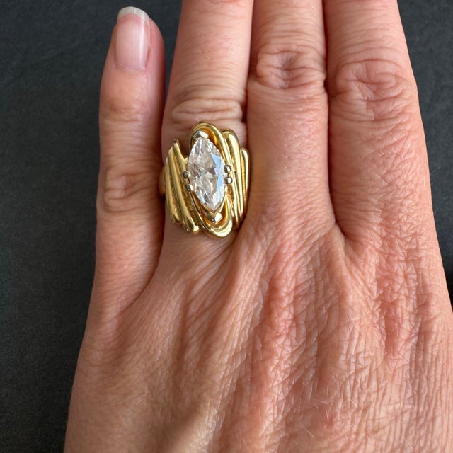 Vintage 18K Gold Electroplate Cocktail Ring Marquis Cut CZ Cubic Zirconia Statement 90s Size 6.5 Approx ring size 6.5-6.75...