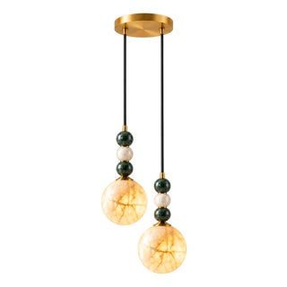 Handcrafted Brass 2-Light Pendant With Natural Alabaster Globe Shades, Dining & Kitchen Island Light For Sale