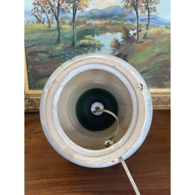 Signed Studio Pottery Ceramic Table Lamp With Crystalline Glaze and Moss Green Cap, Mid-20th Century Style For Sale - Image 9 of 9