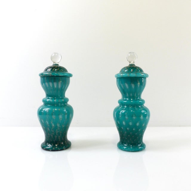 Covered Jars in Turquoise and Aventurine Glass, 1950s, Set of 2 For Sale - Image 14 of 14