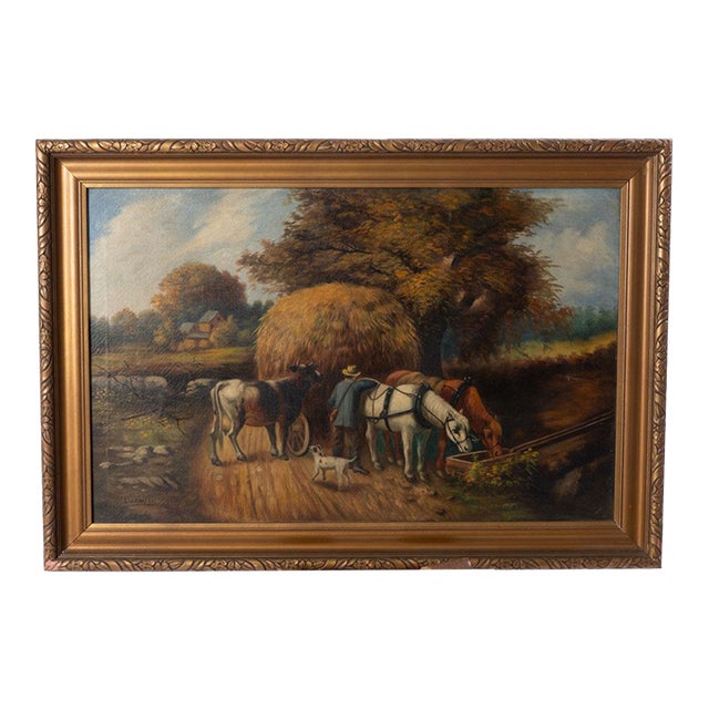 Mid 20th Century Oil on Canvas Hay Wagon With Horse and Wagon For Sale