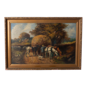 Mid 20th Century Oil on Canvas Hay Wagon With Horse and Wagon
