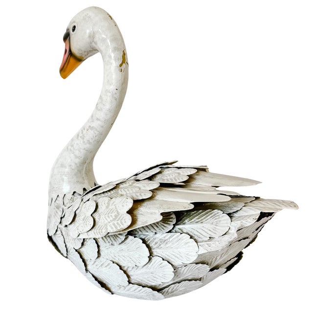 Metal Late 20th Century Shabby Chic White Distressed Sheet Metal Swan Sculptures - A Pair For Sale - Image 7 of 17