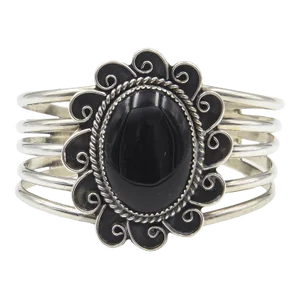 Late 20th Century Kay Johnson Southwest Onyx Sterling Silver Sun Cuff Bracelet
