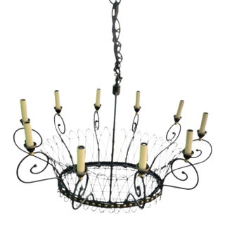 Vintage Black Gold French Style Large Wire Basket 10 Light Chandelier For Sale