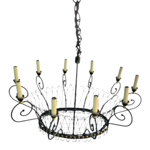 Vintage Black Gold French Style Large Wire Basket 10 Light Chandelier