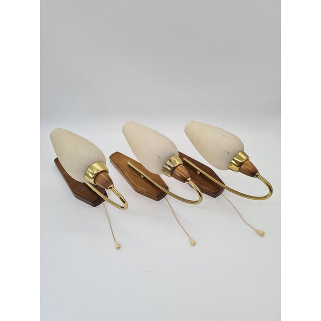 Modern Mid-Century Modern Wall Sconces in Wood and Brass, 1950s-1960s, Set of 3 For Sale - Image 3 of 14