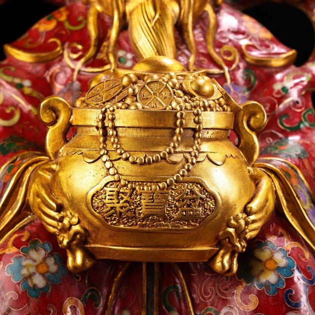 Late 19th Century Cloisonné Gilt Bronze God of Wealth Figure, 4400g, 12" Tall For Sale - Image 4 of 8