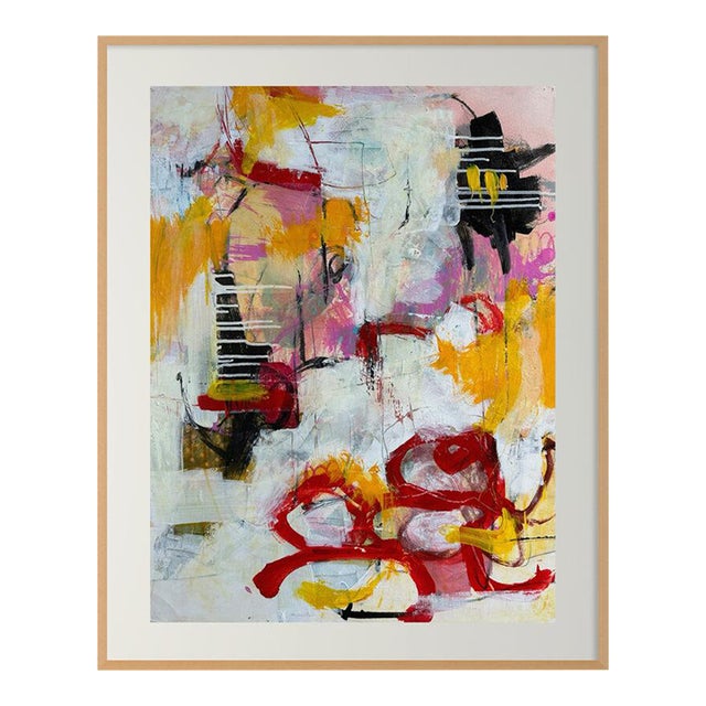 Christiane Corcelle "Orquevaux White Whispers 2" Mixed Media on BFK Paper, Framed Abstract Painting in White, Yellow and Red, 2024 For Sale