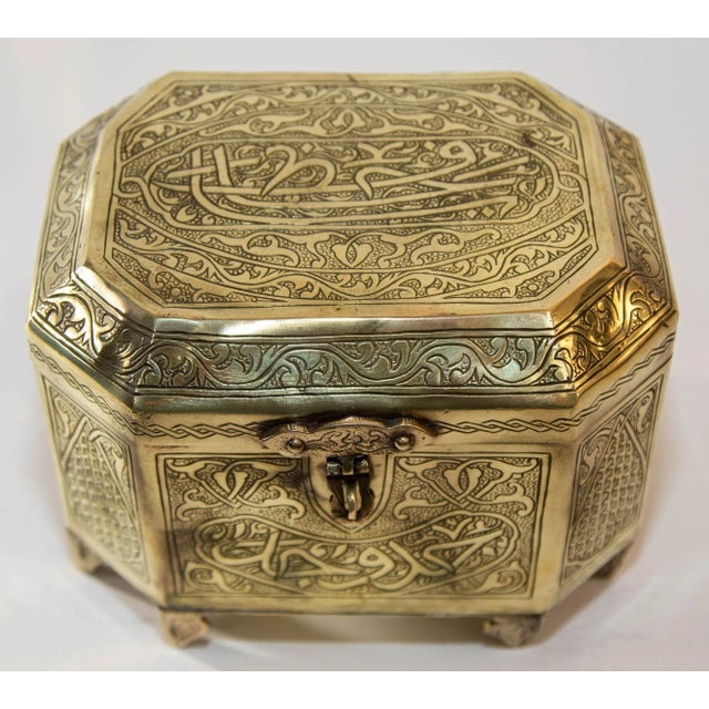 Persian Persian Brass Jewelry Box in Mamluk Revival Damascene Moorish Islamic Style 1920 For Sale - Image 3 of 13