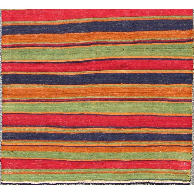 Turkish Vintage Kilim Runner With Horizontal Stripes in Bright Colors, Orange, Green, Blue, Red, Gold For Sale - Image 3 of 8