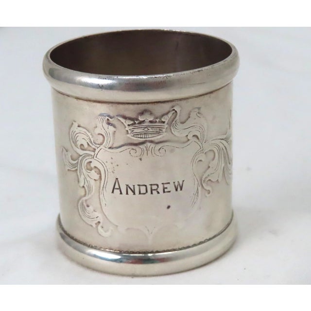 Metal Oversize Antique Childs Mark Twain Prince and the Pauper Motif Sterling Silver Napkin Ring for "Andrew"" For Sale - Image 7 of 13