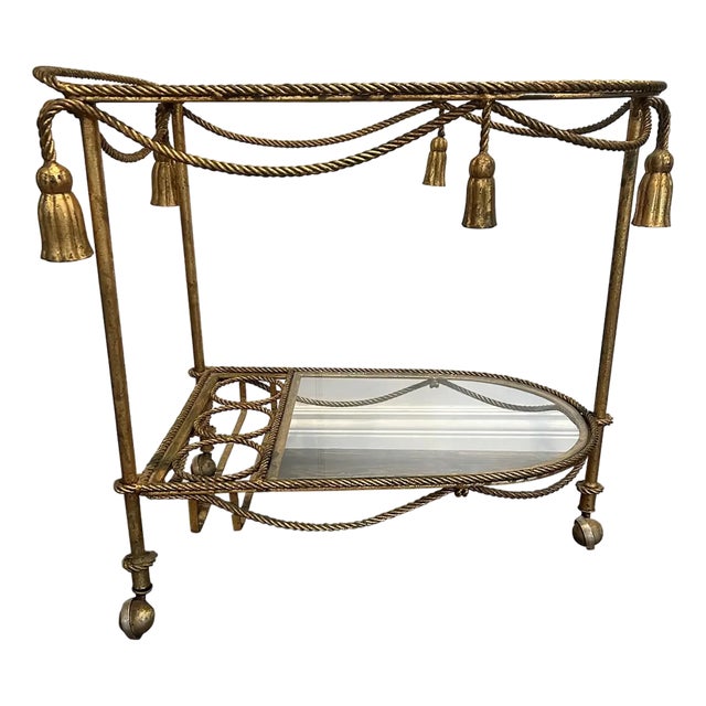 Vintage Italian Gilt Metal Tole Rope & Tassel Bar Cart For Sale