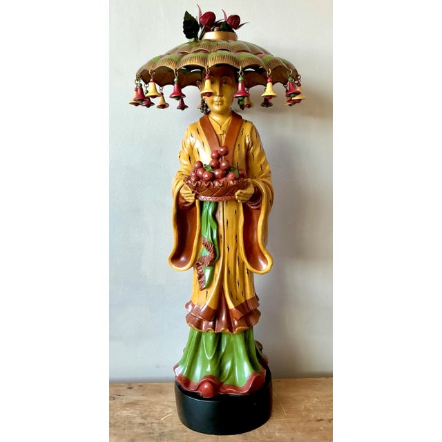 Hollywood Regency Vintage Asian Carved Asian Figure With Umbrella Hat For Sale - Image 3 of 6