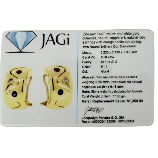 14k Yellow Gold Sapphire, Ruby & Diamond Half Hoop Earrings - 2 Pieces For Sale - Image 9 of 9
