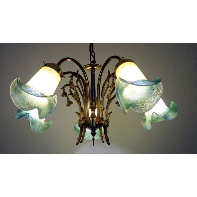Metal French Brass Pate De Verre Glass Five Light Chandelier, 1950s For Sale - Image 7 of 11