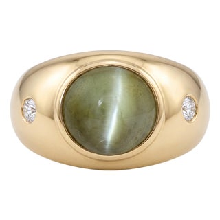 14ky Gold Gia Certified 7.11 Carat Natural Cat's Eye Chrysoberyl & Diamond Ring For Sale